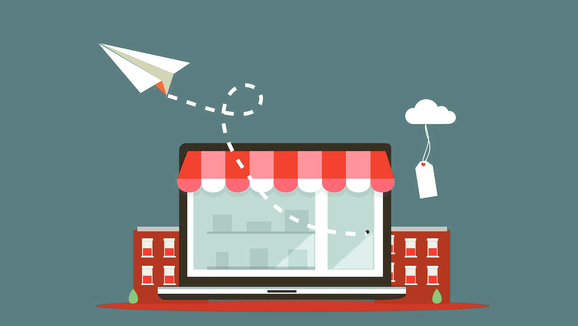 Illustration of an online shop displayed on a laptop screen with a red storefront awning, surrounded by small buildings, a paper airplane symbolizing digital traffic, and a cloud with a price tag, representing e-commerce and online marketing.